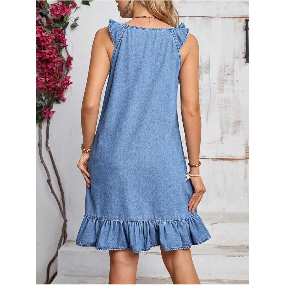 Women's Denim Tank Dress Soft Breathable Ruffle Hem Sleeveless Vacation - Picture 2 of 6